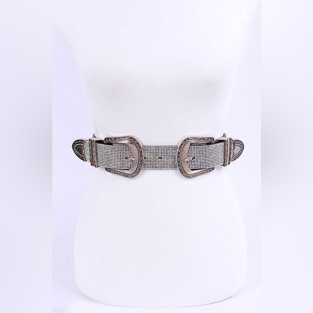 Plus Size Western Rhinestone Double Buckle Leather Statement Belt
